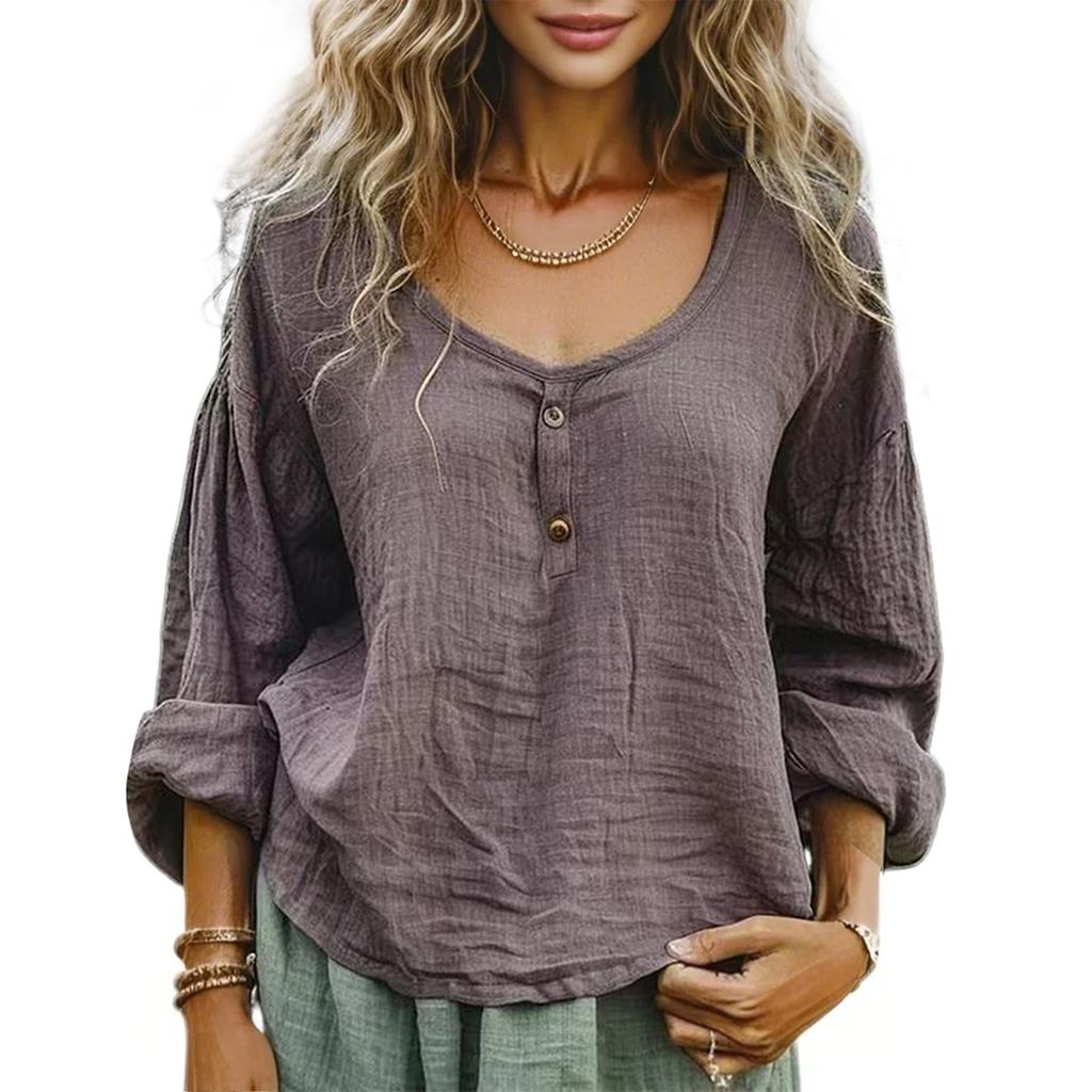 Women's Casual Loose Fashion Long Sleeve Cotton Linen Solid Color Round Neck Button-down Shirt