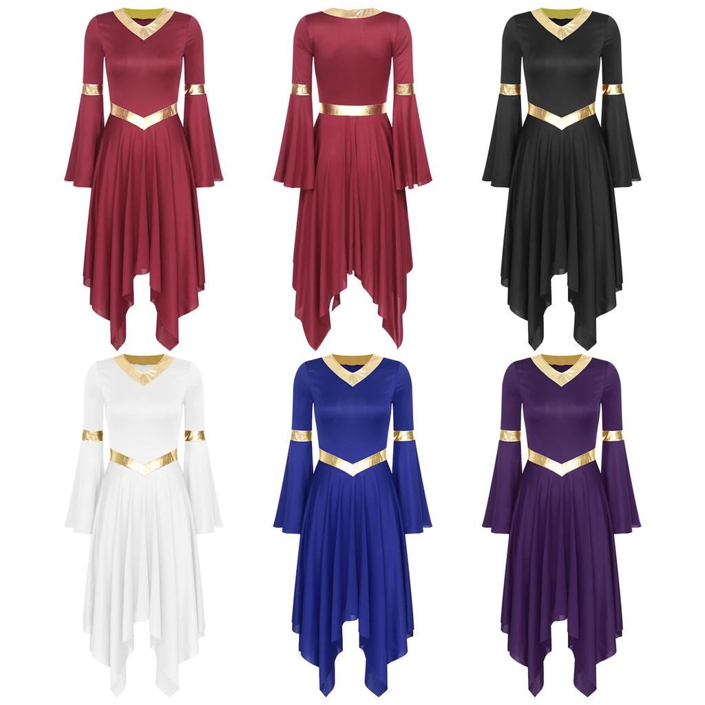 Платье-туника для литургического классического танца с V-образным вырезом и расклешенными рукавами, асимметричный подол, платья для церемоний, церковного поклонения, танцевальная одежда