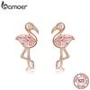 BAMOER Summer Flamingos Stud Earrings for Women Pink Cubic Zirconia Ear Studs Romantic Female Silver