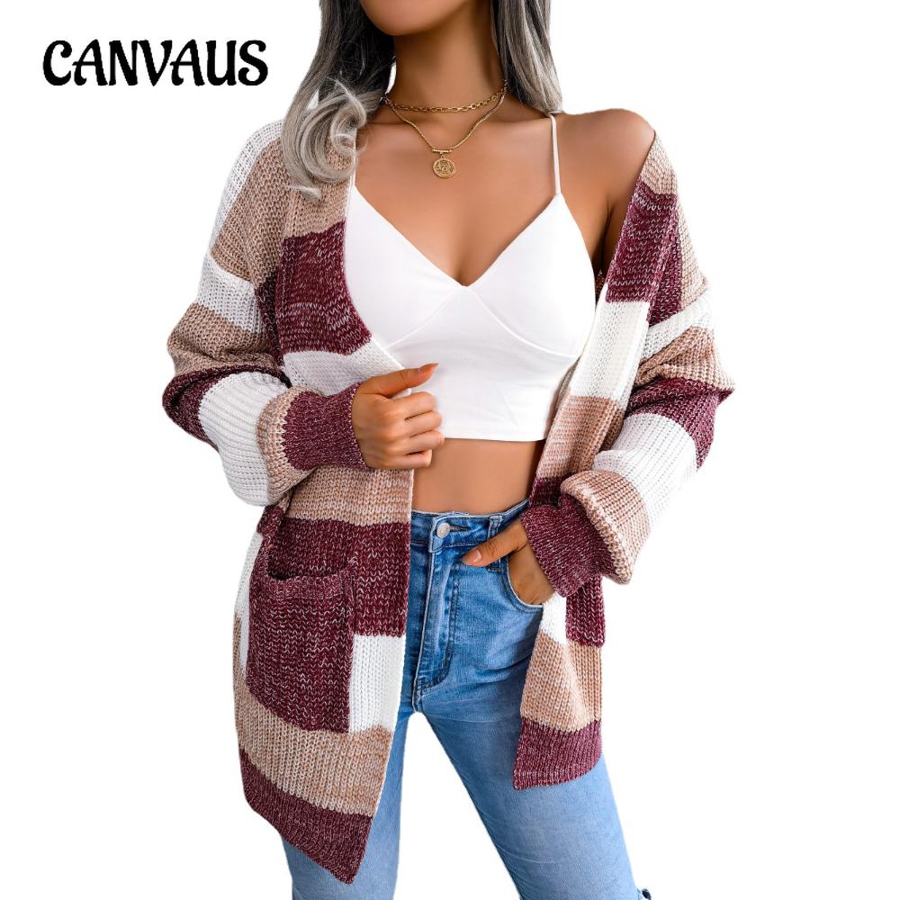Autumn and Winter Women's Cardigan Sweater Bump Color Striped Lantern Sleeves Casual Cardigan Sweater Jacket Tops