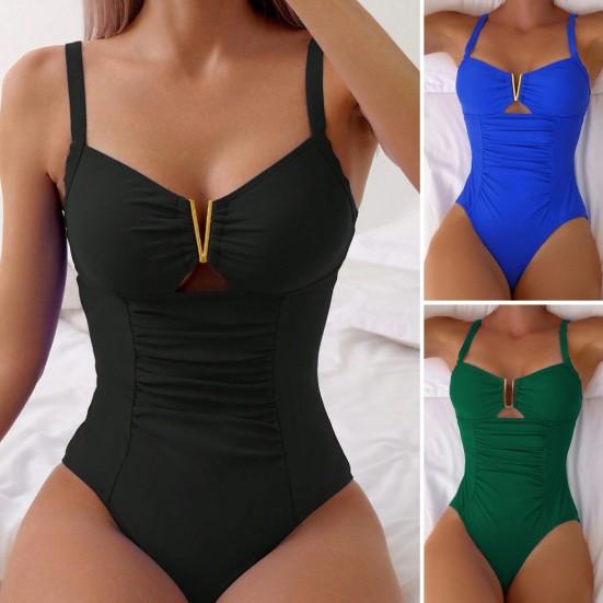 Women One-Piece Swimsuit Deep V-Neck Pleated Solid Color Monokini Quick-Drying Swimwear Beachwear
