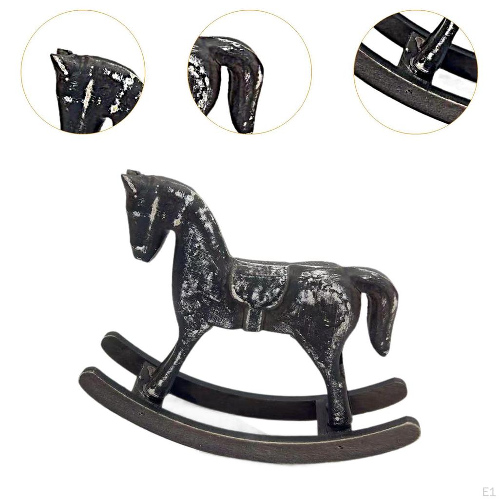 Wooden Rocking Horse Figurine Animal Sculpture Art Crafts Wood Decorative Statue Desktop Ornament