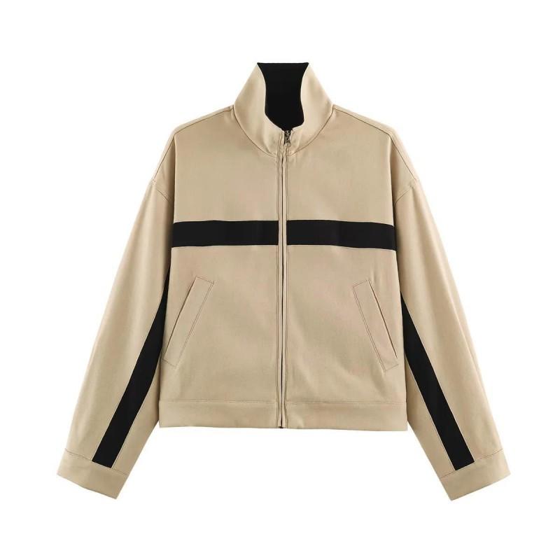 Womens Oversized Zip-Up Jacket With Color-Block Panels Stand Collar Streetwear Style