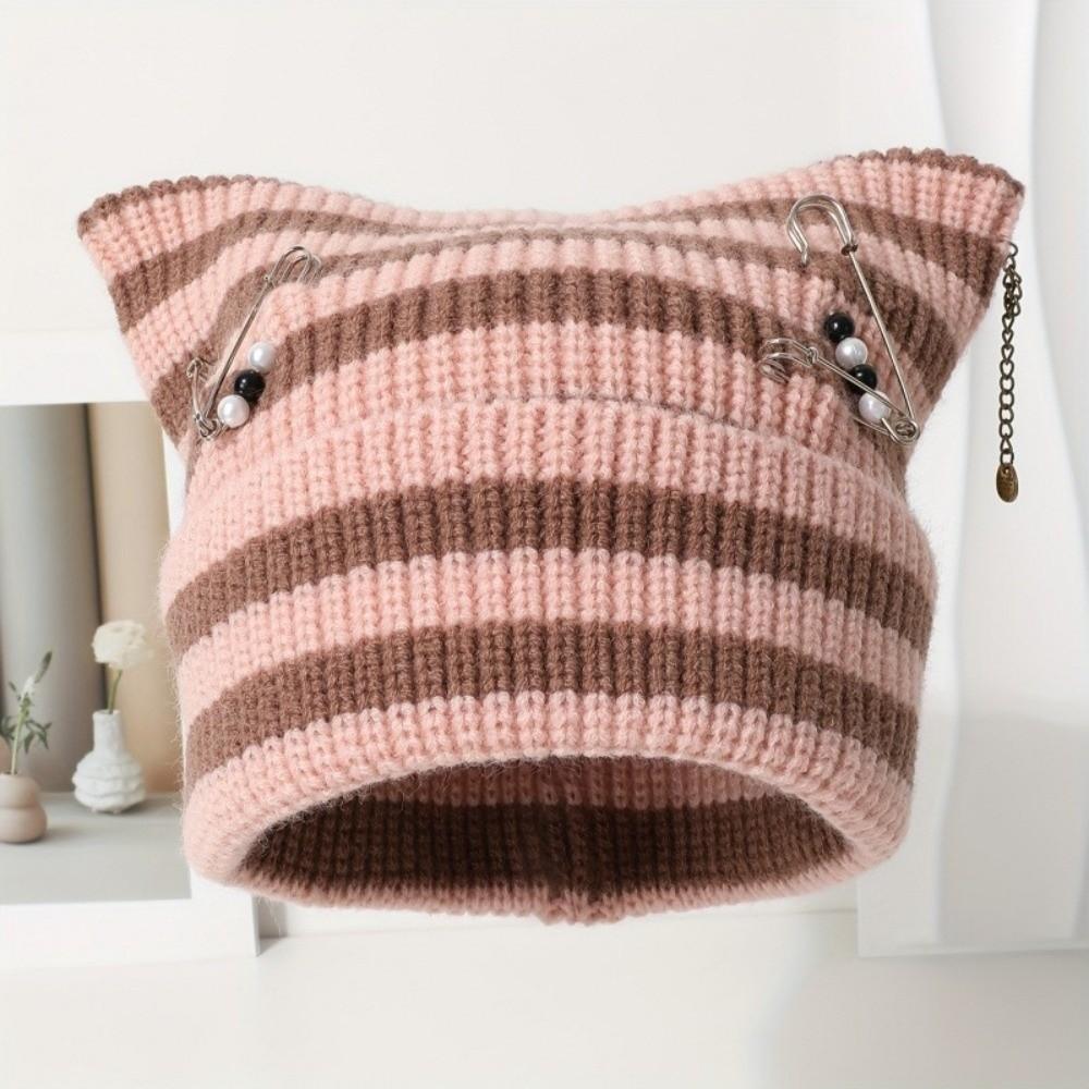 Thickened Knitted Striped Hat Polyester Warm Hat Y2K Gothic Cat Ear Beanie Sports