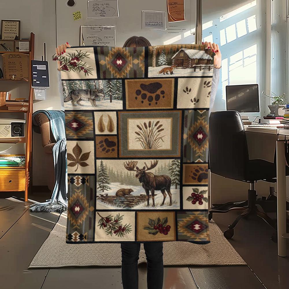 1PC Patchwork style Print FlAannel Blanket, High quality Comfortable for All Seasons, Home Decor, Warmth and Comfort