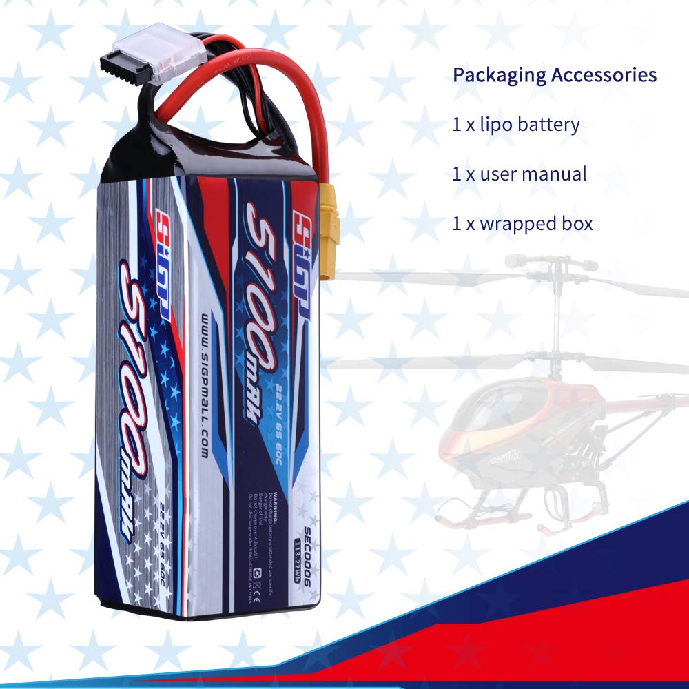 SIGP 6S 22.2V LiPo 5100mAh 60C с разъемом XT90 для радиоуправляемых самолетов, квадрокоптеров, дронов, FPV, вертолетных гонок, хобби