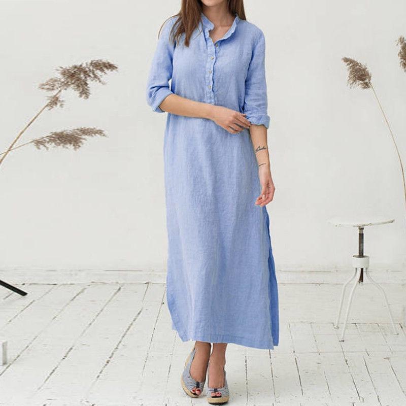 Luxurious Women's Kaftan Cotton Long Sleeve Plain Casual Oversized Maxi Shirt Dress