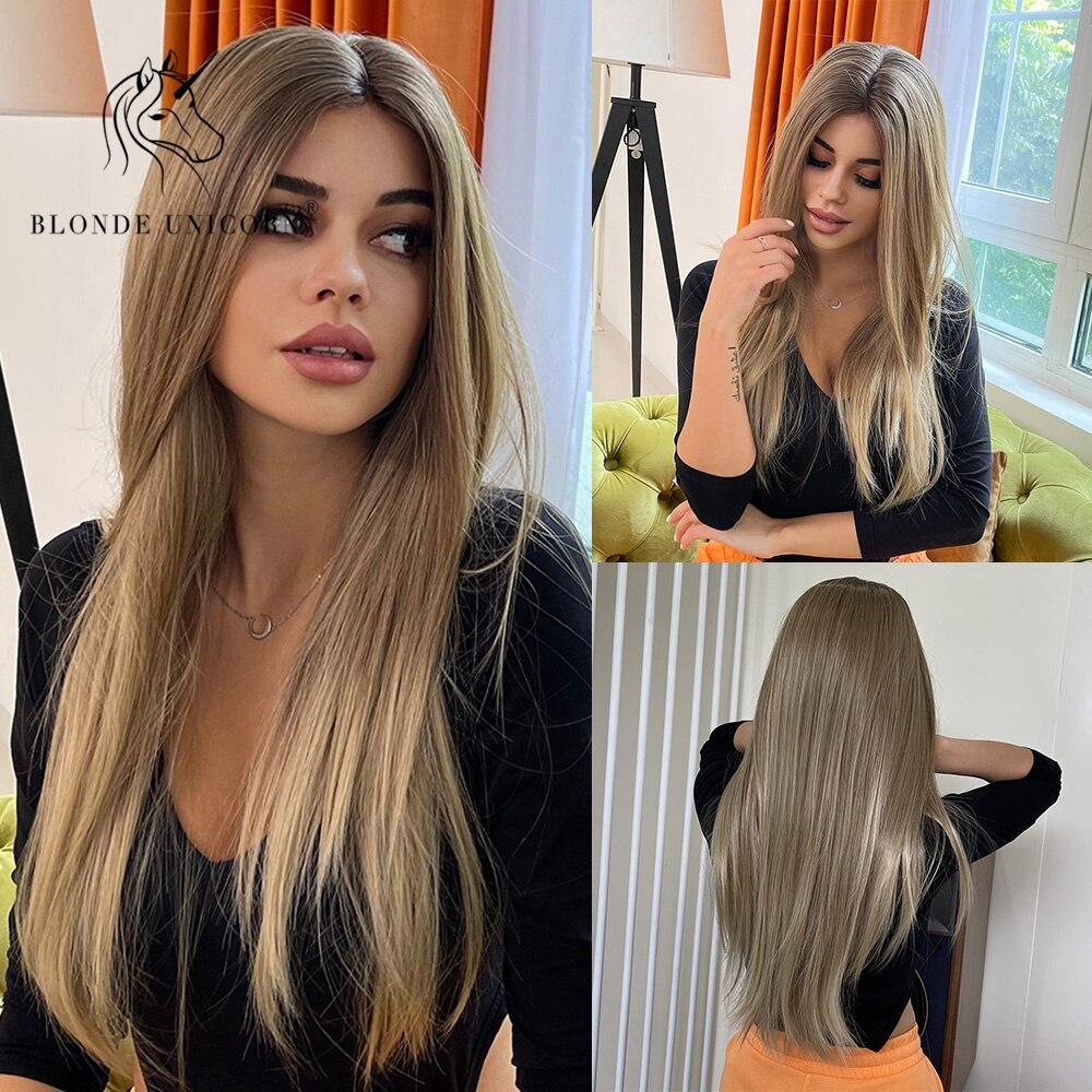BLONDE UNICORN Long Ombre Blonde Straight Lace Part Synthetic Wigs for Women Daliy Hair Natural High Density Heat Resistant