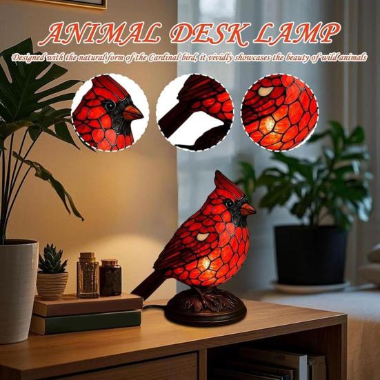 Yousheng Red Bird Table Lamp Stained Glass Style Bedside Bird Lamp Handcrafted Red Bird Night Light for Home Decor Bedroom Desk Christmas Gift