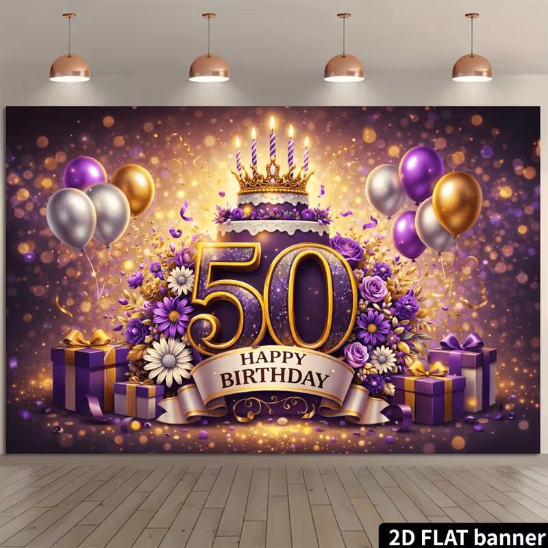 Двумерный фон для 50-летия, фиолетово-золотой, элегантная корона и торт, тканевый фон для вечеринки