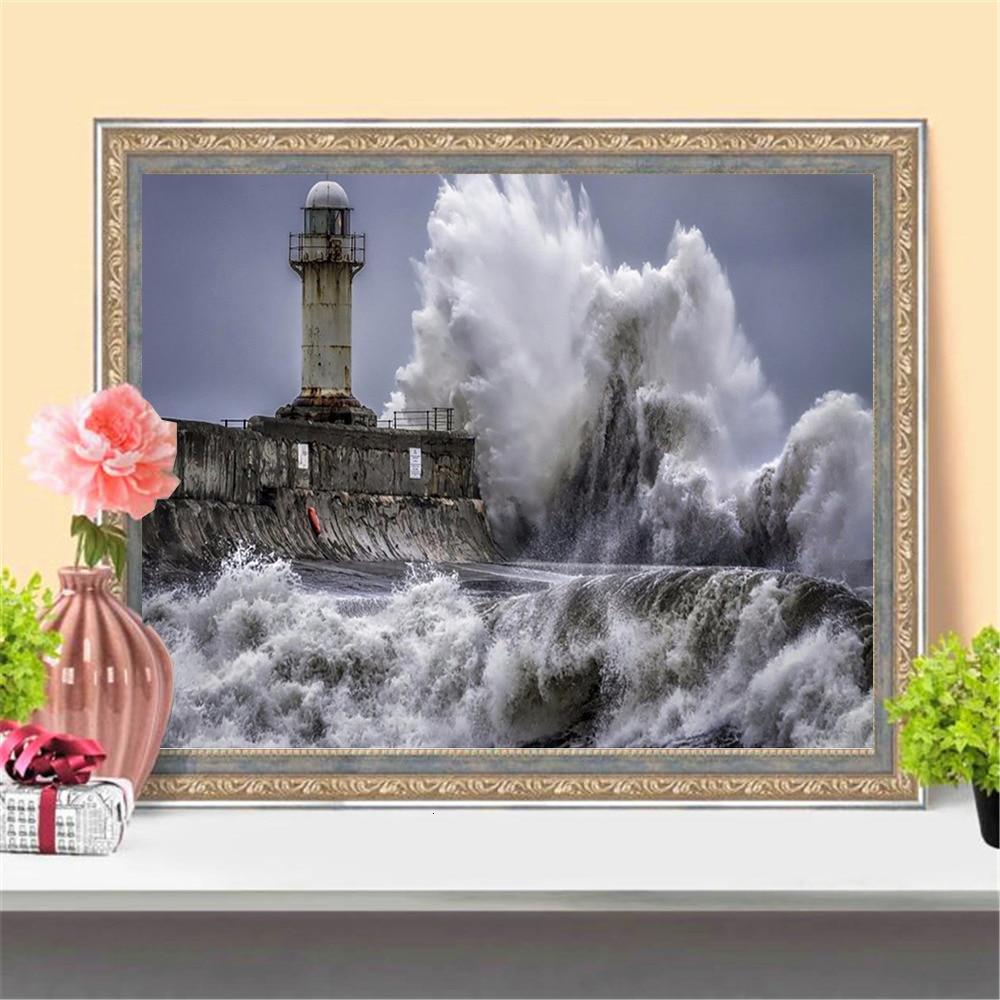 5d Diamond Embroidery Landscape Full Round Diamond Painting Lighthouse Cross Stitch