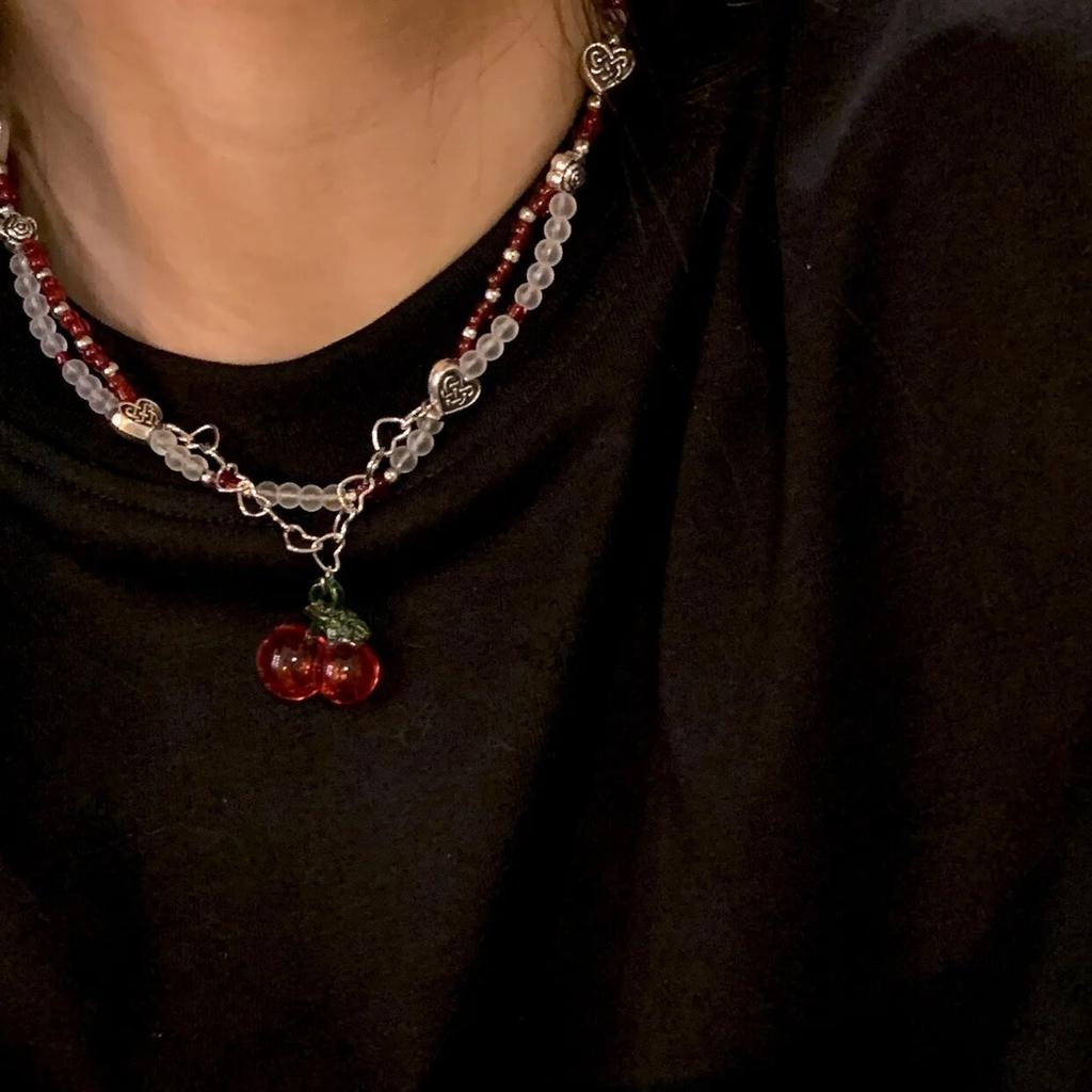 Ретро готический крест с вишней, летняя подвеска, ювелирное ожерелье, серебряное ожерелье в стиле панк, модные очаровательные массивные ювелирные изделия Y2k