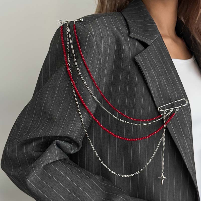 Fashion Red Rice Bead Tassel Brooches for Women Punk Multi-Layer Chain Star Pendant Brooches Suit Clothes Jewelry Accessories