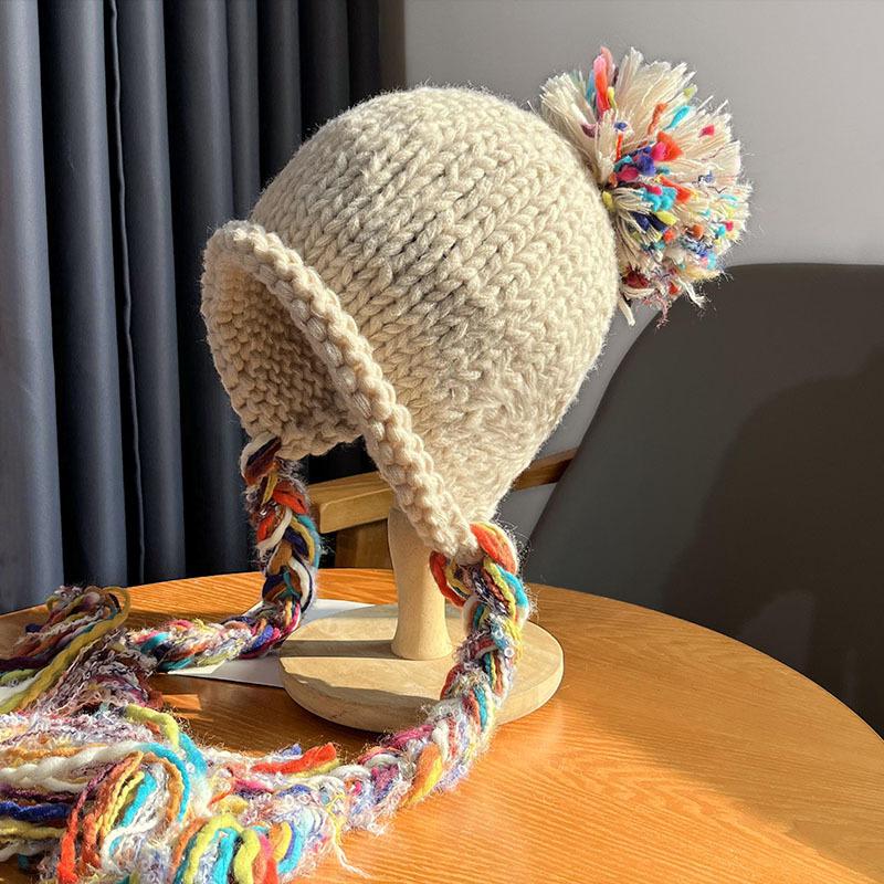 Autumn and Winter New Hats Women's Fringed Wool Hats Winter Ethnic Style Sweet Ear Hats Bag Head Knitted Hats