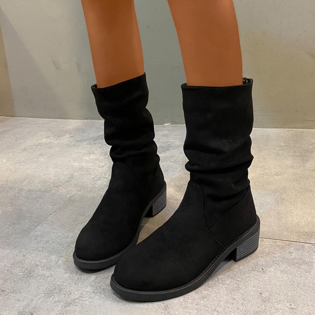Fashion Classic Solid Black Suede Mid Calf Western Boots Women Brand Designer Medium Heel Riding Boots Sexy Pleated Silp On Winter Shoes