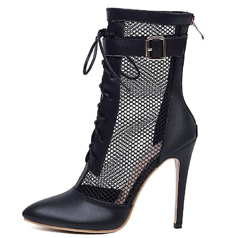 Сексуальные сетчатые ботильоны для женщин с острым носком, весенне-летняя обувь, женские черные, белые каблуки, дышащие танцевальные ботинки, большой размер 45