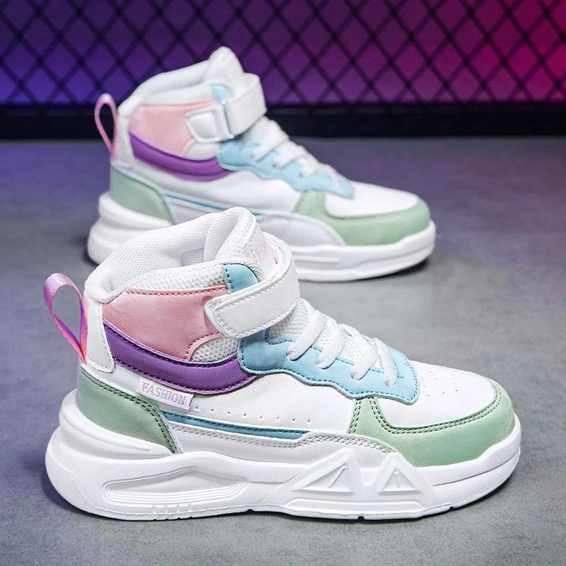 A new pair of girls sports shoes boys running shoes children small white school board  middle-top skateboard casual shoes l