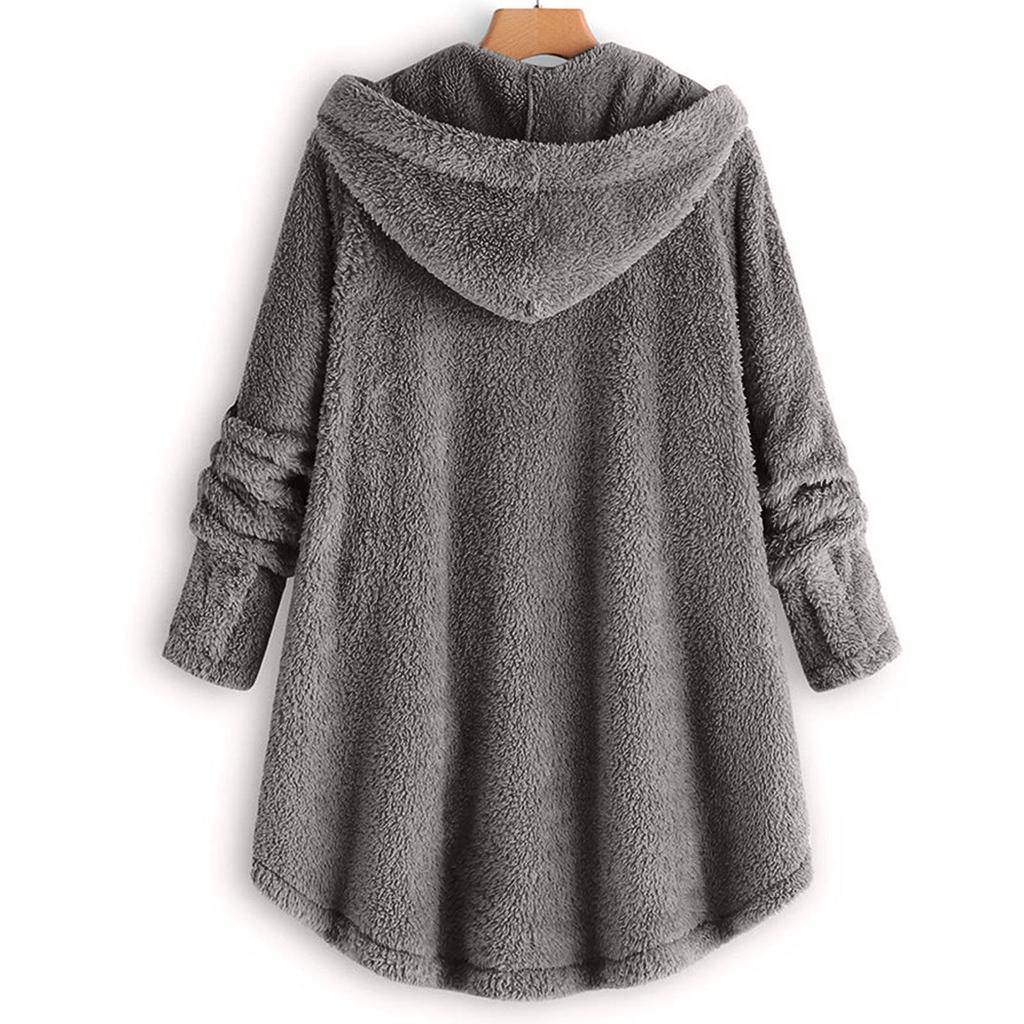 Women Plus Size Button Plush Tops Hooded Loose Cardigan Wool Coat Winter Jacket