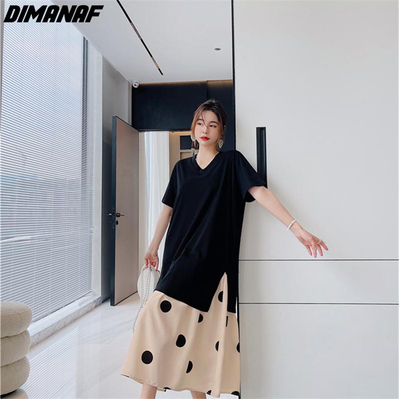 Dimanaf 2022 Новое женское длинное платье Лето Плюс Размер Модное Черное Свободное Повседневное Oversize