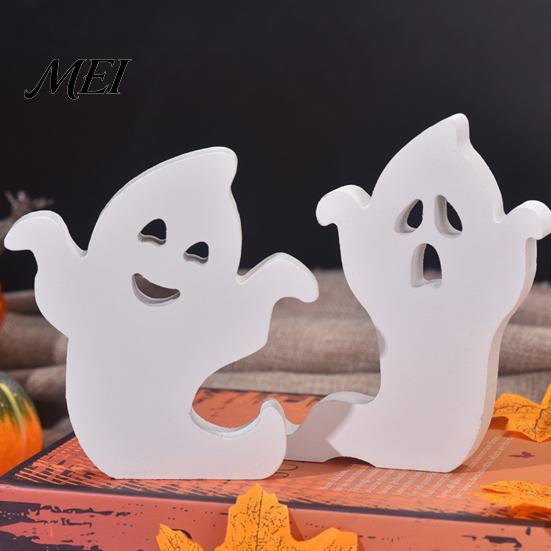 White Ghost Figurine for Home Cute Halloween Wooden Table Sign, Spooky Standing Decorative Entryway Block Sign Holiday Tiered Tray Centerpiece, Indoor