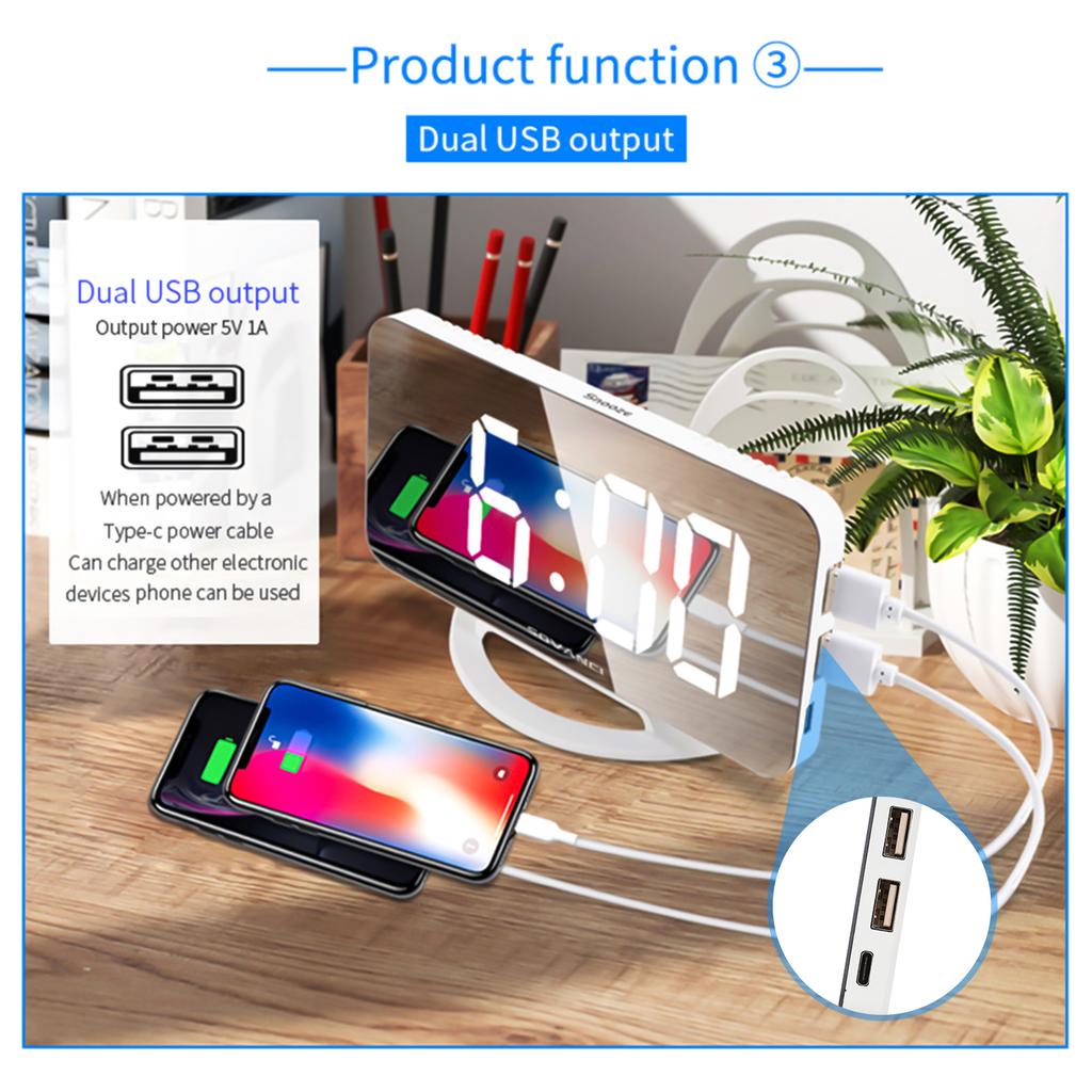 Vibrating Alarm Clock Digital Mirror Alarm Clock with Large Clear Screen Adjustable Brightness Dual