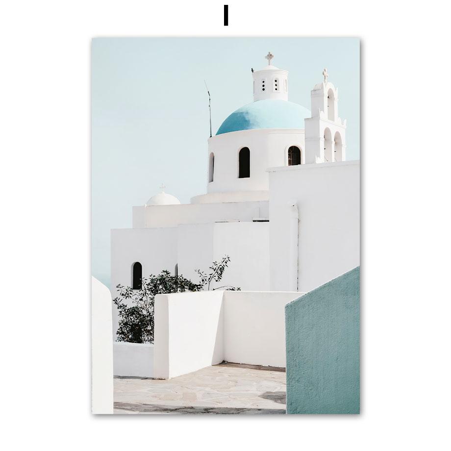 Santorini White House Beach Sea Portal Flowers Stone Nordic Poster Print Canvas Painting Wall Art Pictures Living Room Decor