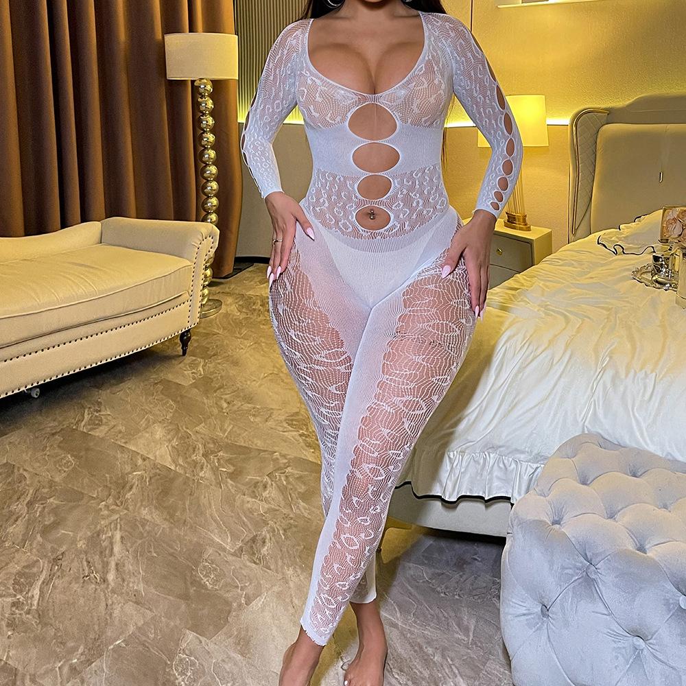 Sex Underwear Long Sleeve Rose Red Halter Jacquard Mesh Sexy Hollow One-Piece Tights