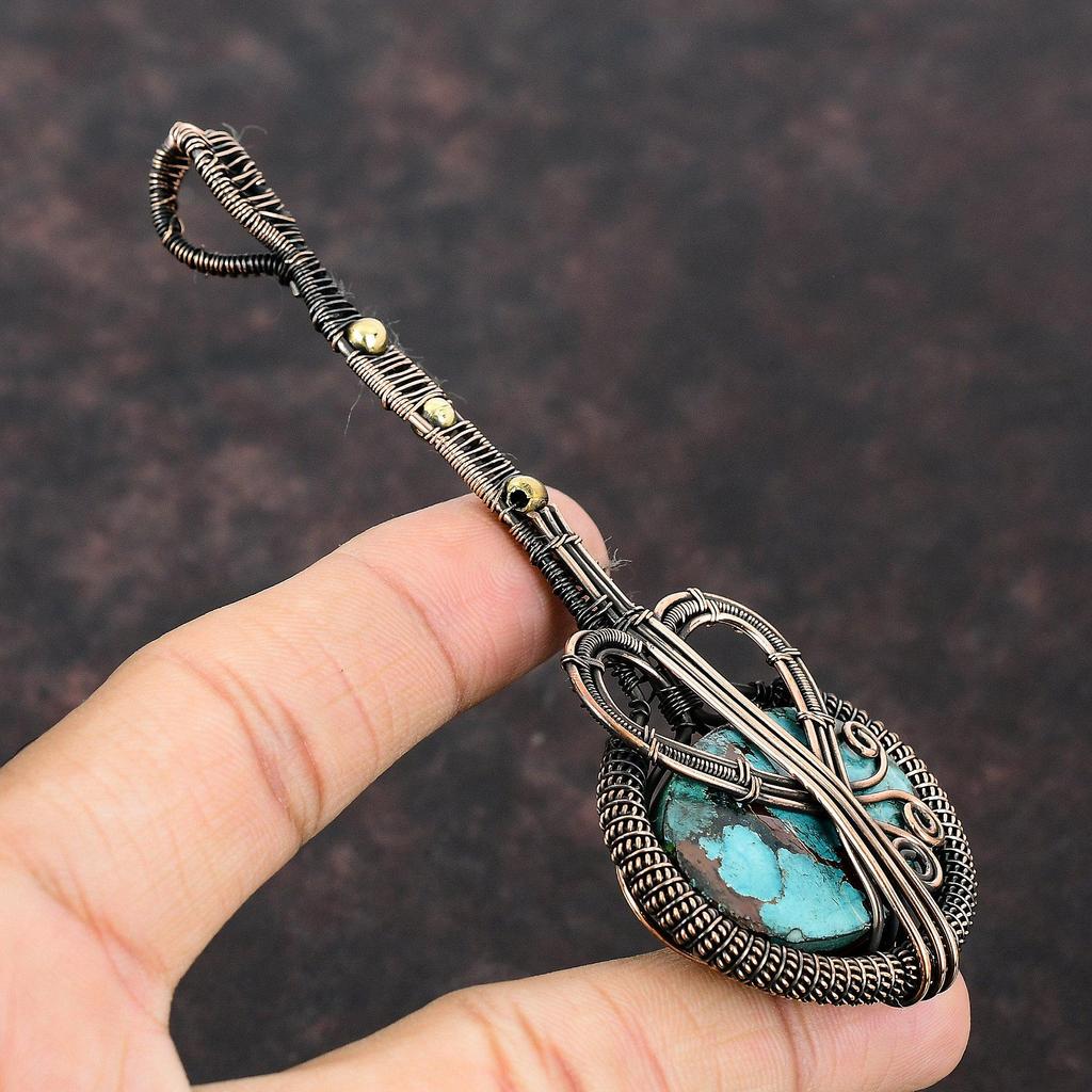 Подвеска из тибетской бирюзы, обернутая медной проволокой, Подвеска ручной работы, Медные украшения, Подвеска в виде гитары, Подарок для него, Украшения из натуральных драгоценных камней