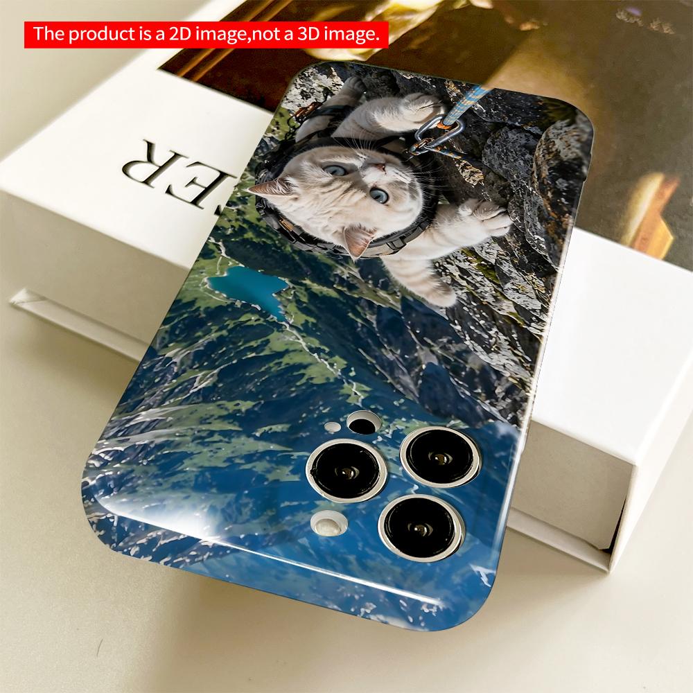 Climbing Cat with Mountain View All inclusive film hard phone case, compatible with iPhone 18 Pro Max 17 16 15 14 13 12 11