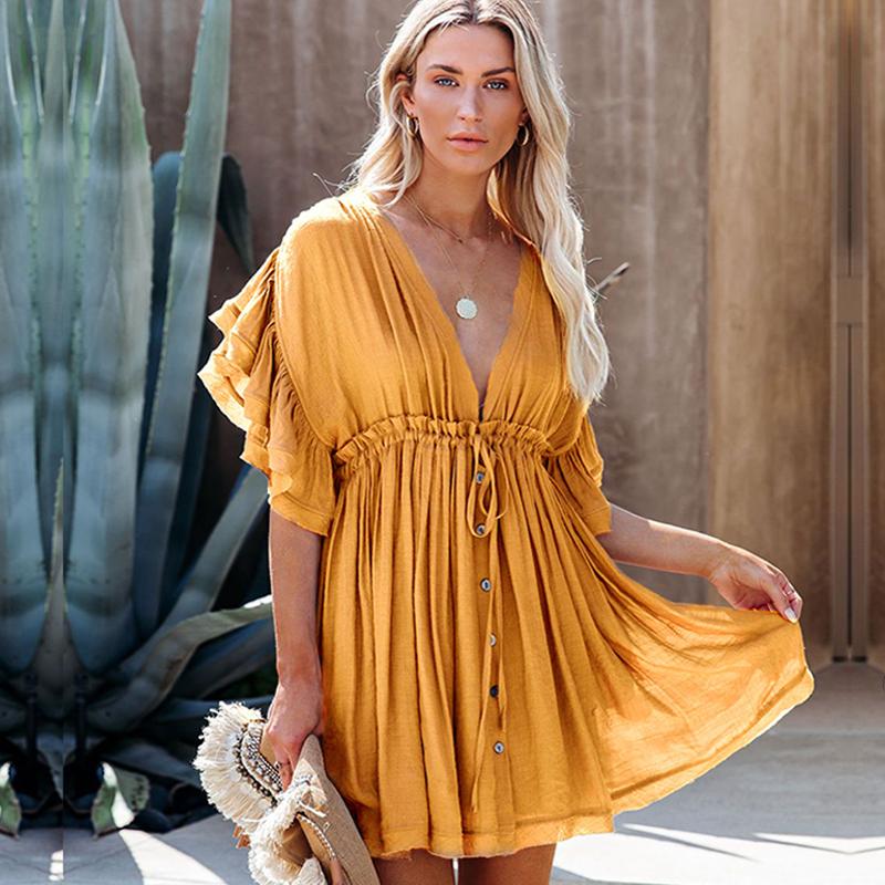 2022 Bikini Cover-ups White Tunic Sexy V-neck Butterfly Sleeve Summer Beach Wear Mini Dress Plus Size Women Swimsuit Cover Up D0