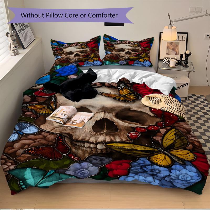 3pcs Stained Glass Skull Duvet Cover Set, Cover For Bedroom Guest Room (1 Duvet Cover + 2 Pillowcase, Without Quilt), yy250922113