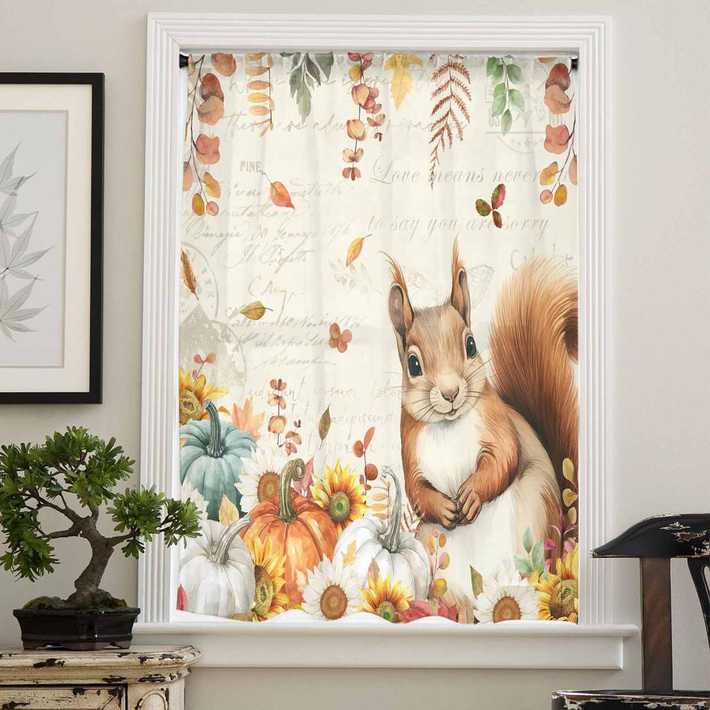 Thanksgiving Eucalyptus Leaf Pumpkin Sunflower Squirrel Sheer Curtains for Kids Living Room Voile Window Curtains Tulle Drapes