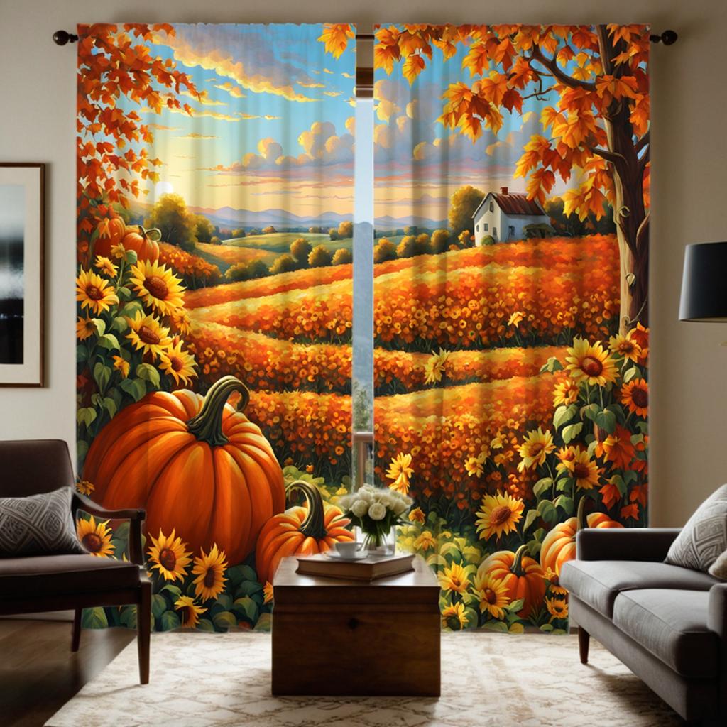 2 Pieces HD Field Sunflower Garden Maple Harvest Fruit Decorative Curtain Yellow Tie Digital Printed Curtain Home Decoration Sty