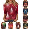 Women's Casual Loose Christmas Printed Round Neck Top With Three Quarter Sleeves T Shirt