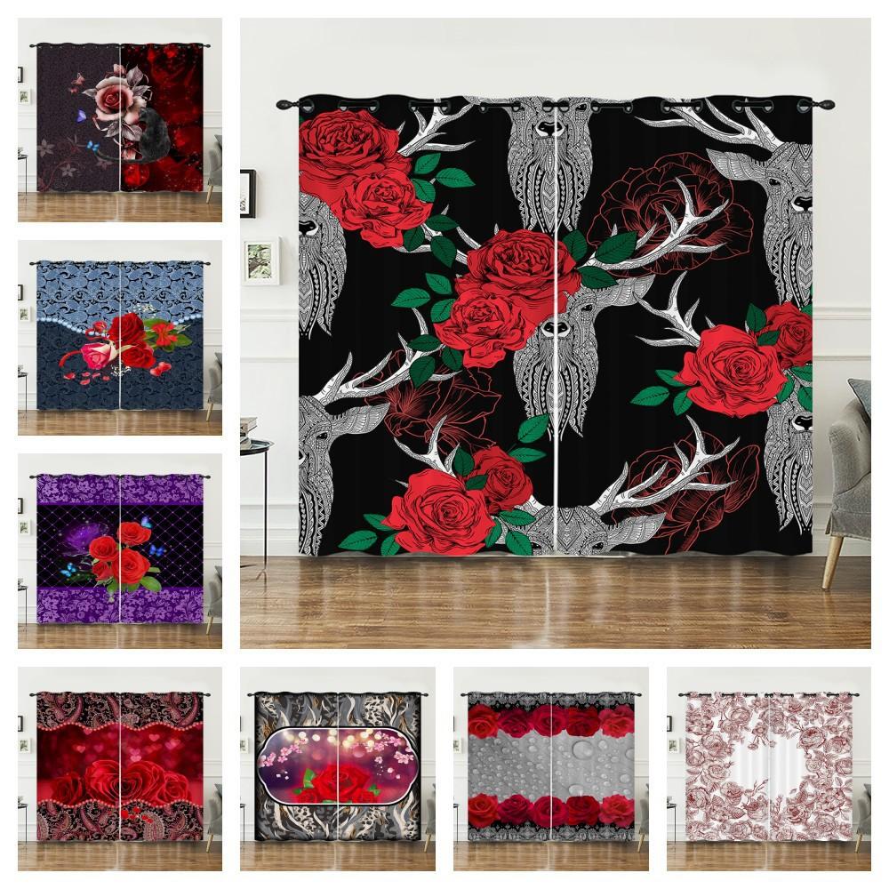 Curtains Rose Retro Deer Curtain Digital Printing Blackout Curtain No Punching