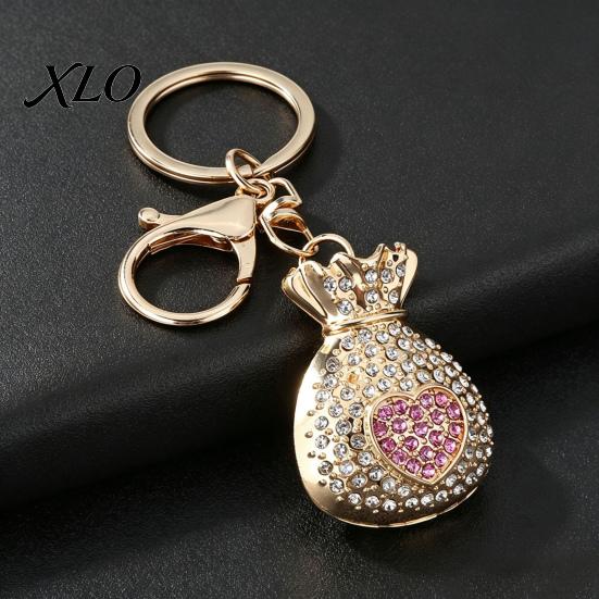 Love Heart Pouch Charm Rhinestone Lucky Bag Keychain, Good Luck Fortune Keyring, Decorative Key Ring for Handbags Backpacks Luxury Chain