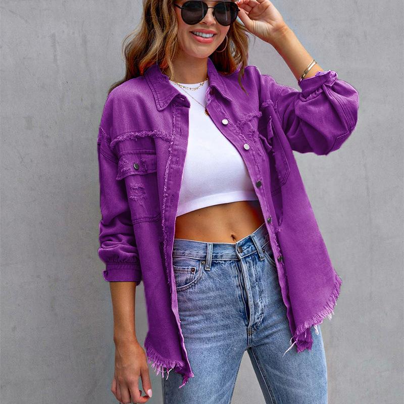 Holes Raw-edges Denim Jacket Women Spring Autumn Shirt Style Jeancoat Casual Top Rose-Red Orange Purple Outerwear Lady Coat