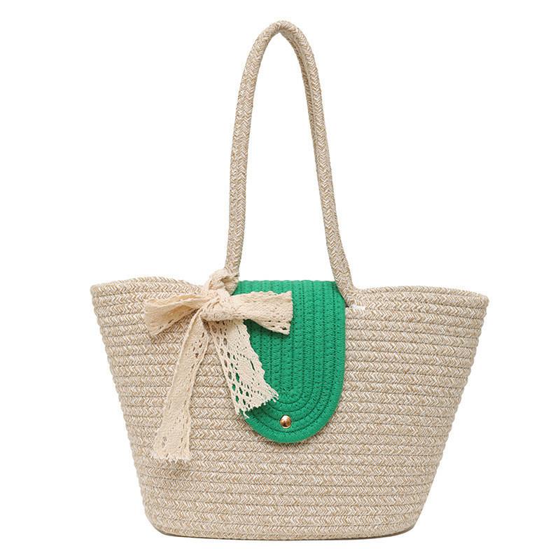 Elegant Woven Tote Bag Trendy Bucket Shape Handbag For Beach Or Vacation Use