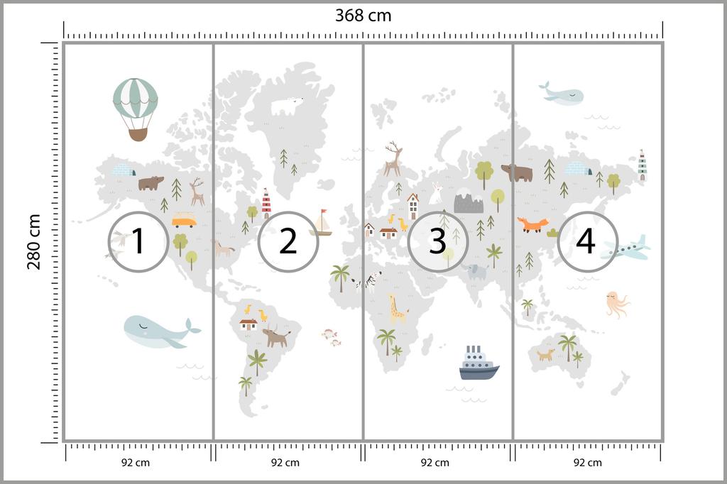 Photomural World Map With Cute Animals In Cartoon Style. Map For Nursery, Kids Room With Nature, Animals, Transports. Skandi Structural Vinyl 368x280