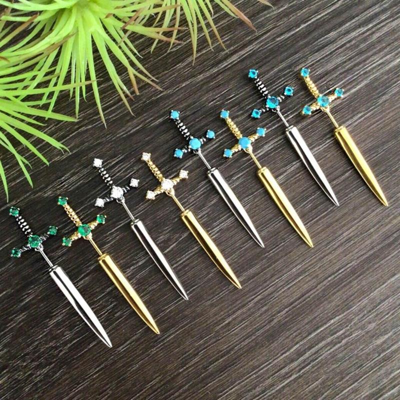 Novel Punk Multicolor Crystal Dagger- Earrings Metal Sword- Handle Studs Earrings for Women Girls Halloween Jewelry Gift