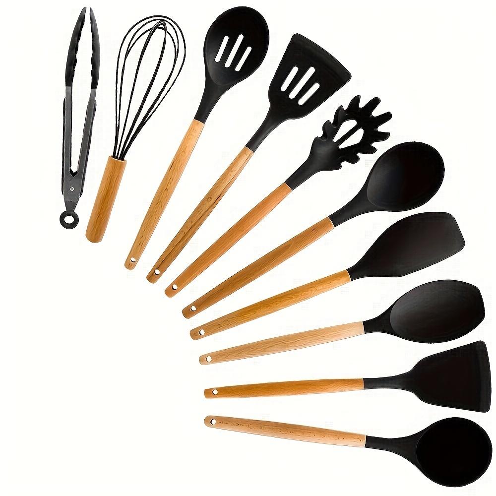 10 Pcs Silicone Cooking Utensil Set with Wooden Handles, Heat Resistant Non-Stick Kitchen Spatula Turner Spoon Tongs Whisk