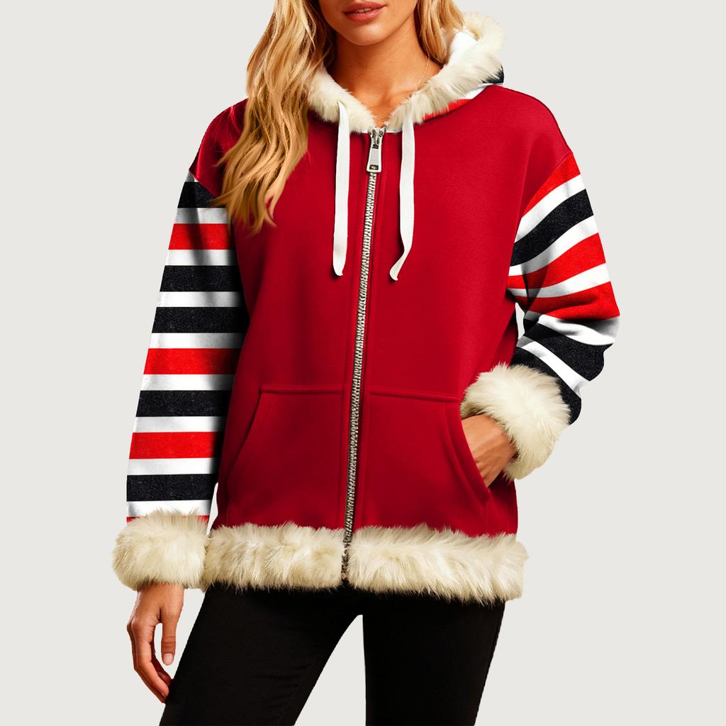 Женская Удобная Свободная Модная Повседневная Толстовка-Куртка с Длинным Рукавом, Карманами и Капюшоном с Полосатым Принтом