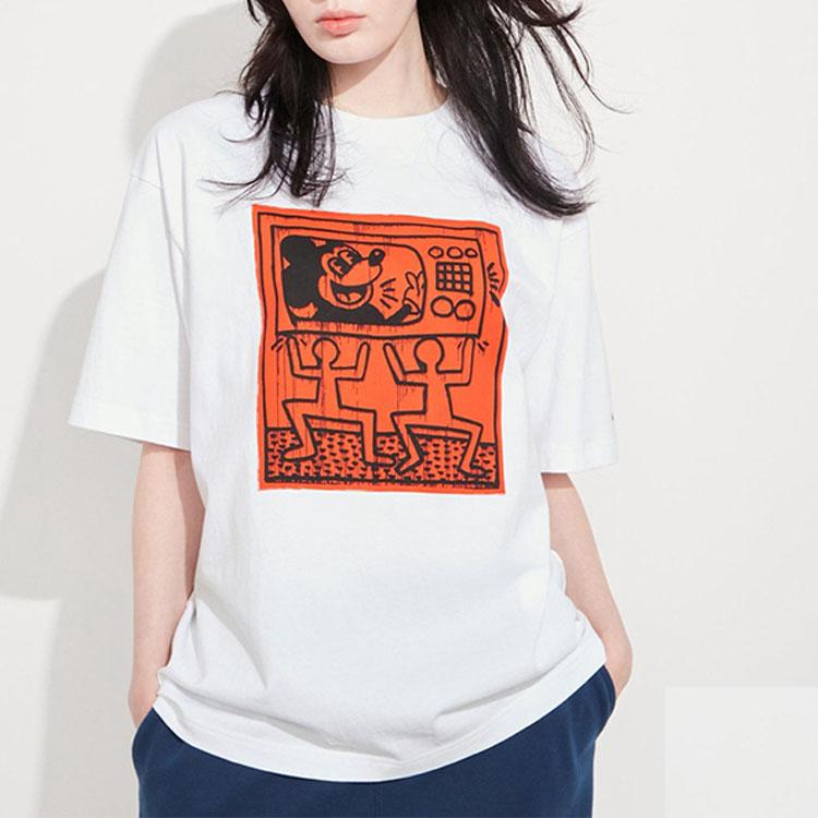 Uniqlo Футболка унисекс с принтом Микки и Кита Харинга, с круглым вырезом, короткий рукав, Белый 461337-00