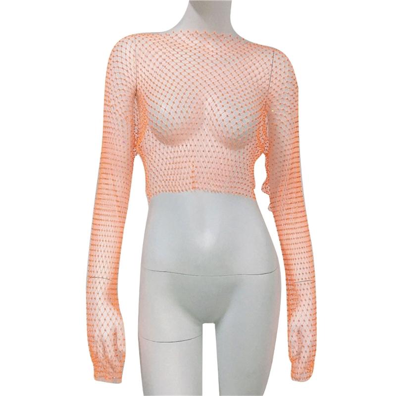 Women Rhinestones Mesh Flared Long Sleeve Crop Top Hollow Out See Through Fishnet Jewelry Cover Up Rave Party Clubwear