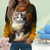 Fall Autumn Women'S Fashion O Neck Long Sleeve T-Shirt Loose Clothes Kitty Print T Shirt For Girls Street