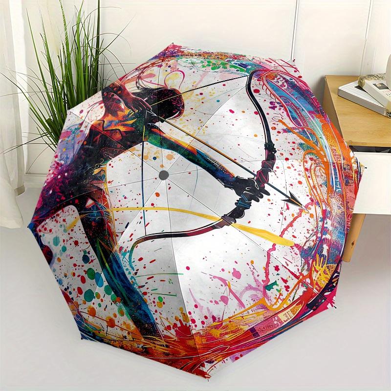 Archery, Abstract Art Automatic folding umbrella simple eight rib design, bright color pattern, durable iron frame, ideal for travel and ou