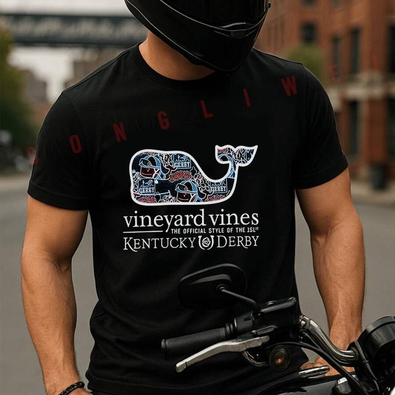 Vineyard Vines Men's Kentucky Derby Sticker Whale Fill Moto Men's Cotton T-shirt Summer Short S