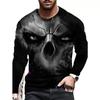 Men Spring And Autumn Horror Skull Pattern 3d Printed O-Collar Long Sleeve Loose Vintage Printed T-Shirt Top Men Tees