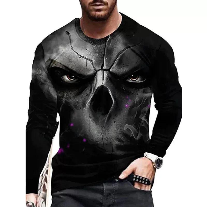 Spring and Autumn Horror Skull Pattern 3d Printed O-Collar Long Sleeve Loose Vintage Printed Men's T-shirts
