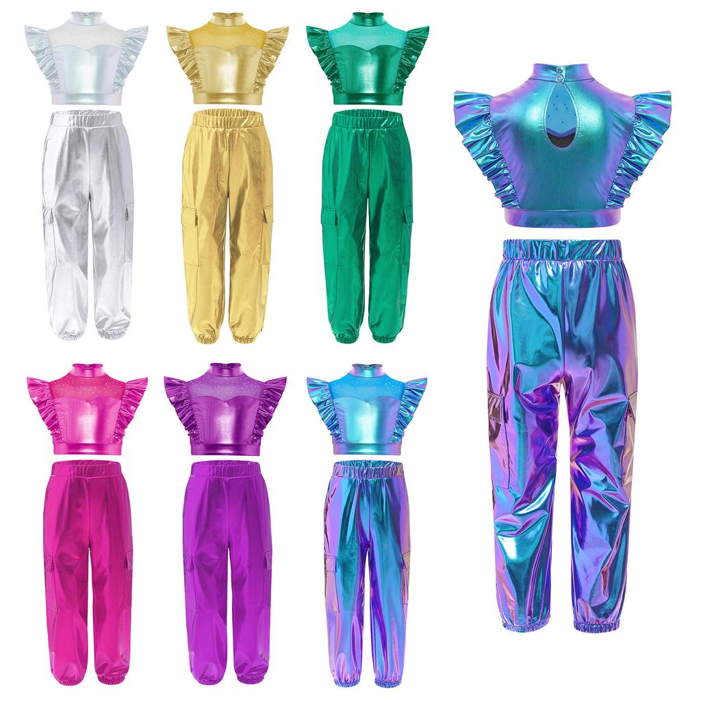 Kids Girls Hip-Hop Jazz Dance Outfit Mock Neck Rhinestone Adorned Mesh Patchwork Sleeveless Metallic Ruffle Crop Top with Shiny Cargo Pants